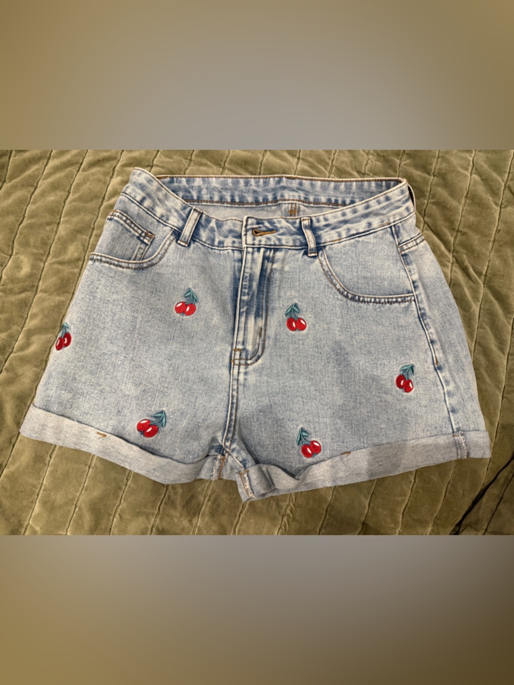 SHEIN Light Blue Denim Shorts with Red Cherry Embroidery